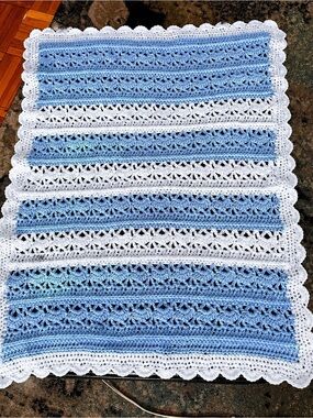 Handmade Soft Crochet Baby Blanket Blue White Washable 30x40 Gift Lace
